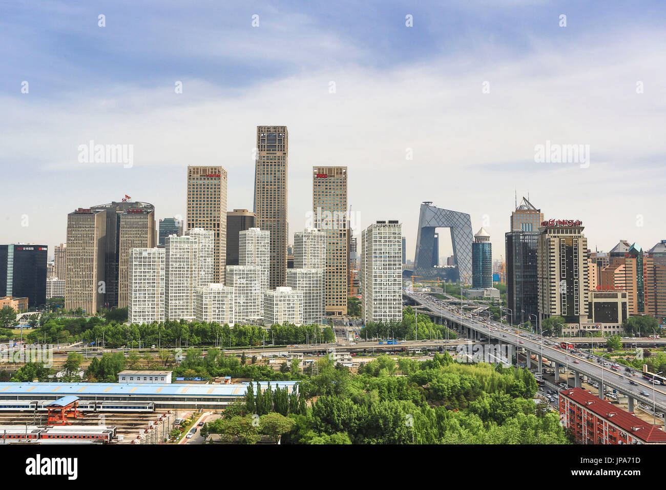 China, Beijing City, Guomao District skyline, East second ring road, CCTV Headquarters Building Stock Photo