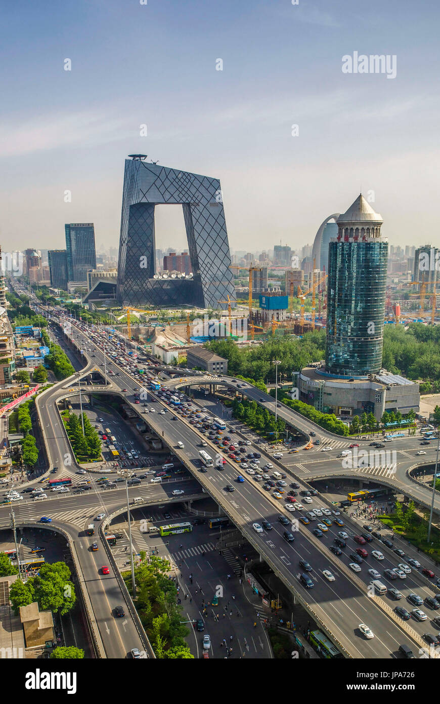 China, Beijing City, Guomao District skyline, East second ring road, CCTV Headquarters Building Stock Photo