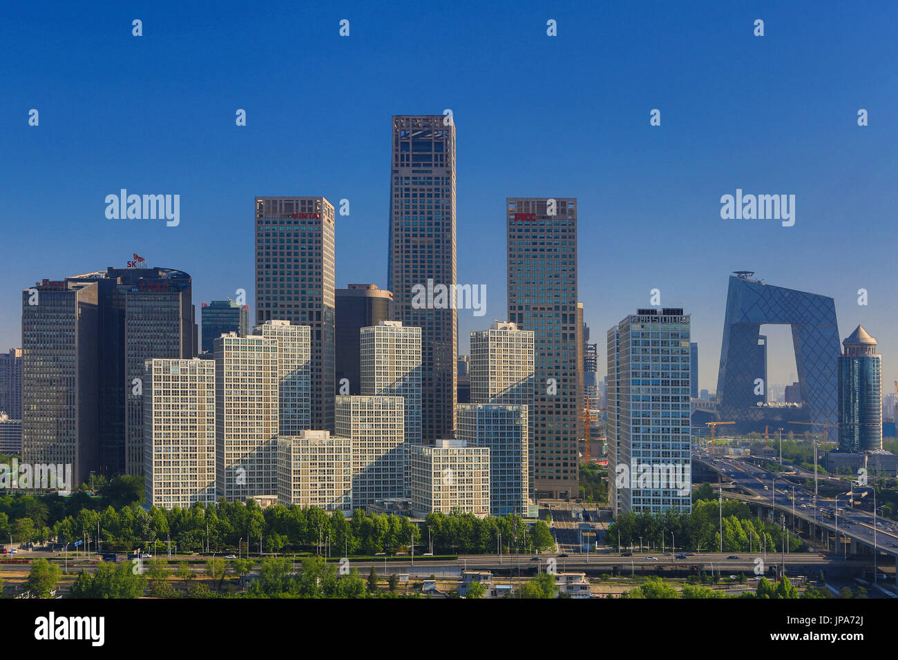 China, Beijing City, Guomao District skyline, East second ring road, CCTV Headquarters Building Stock Photo