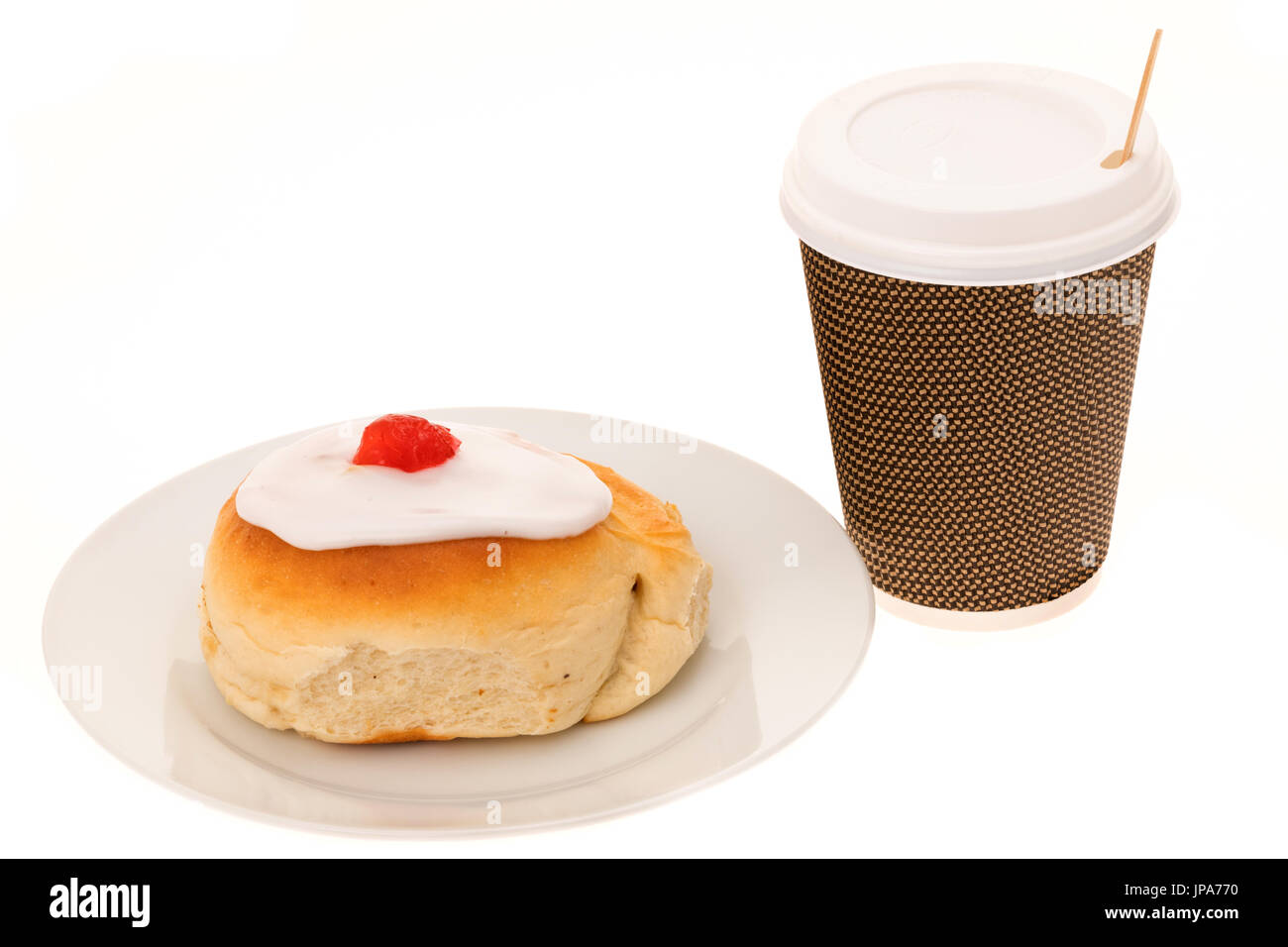 Iced bun cake and coffee on the go - white background Stock Photo