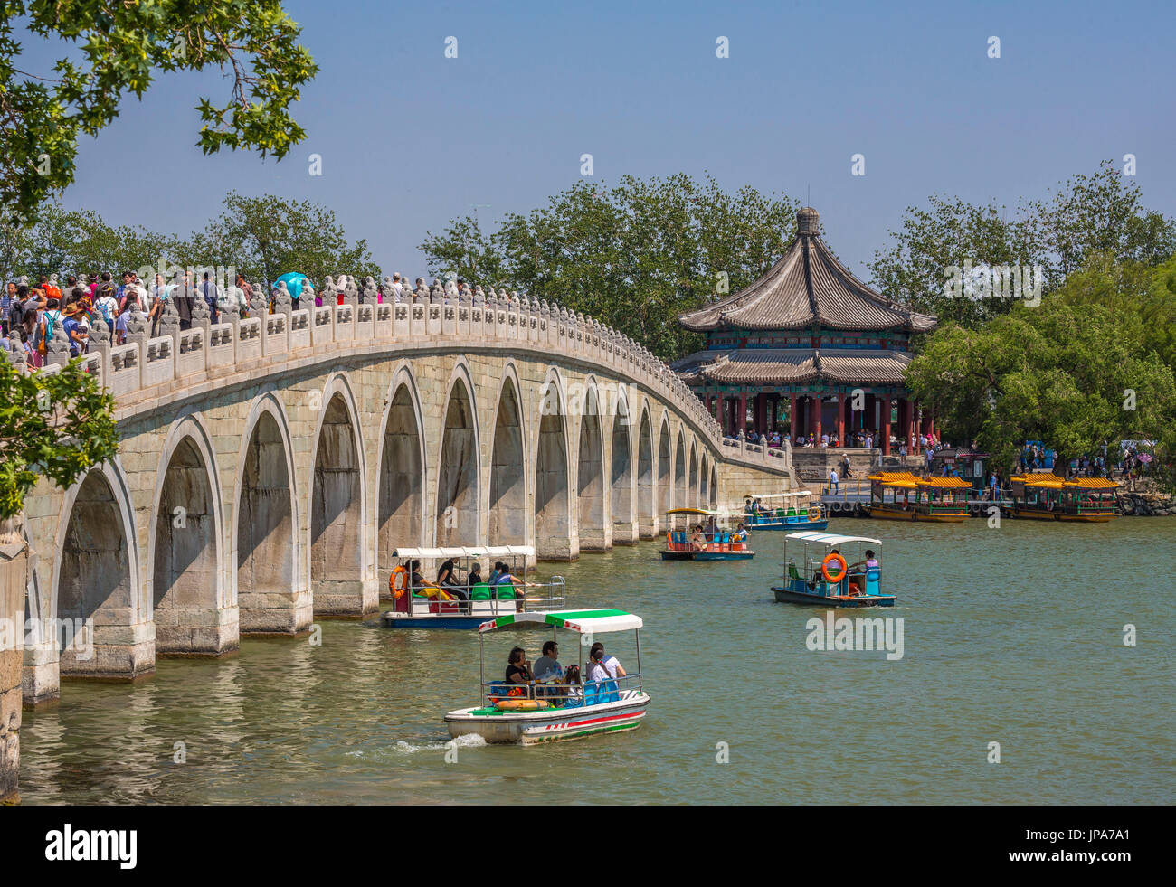 China, Beijing City, The Summer Palace, Kunming Lake, Seventeen Arch Bridge Stock Photo
