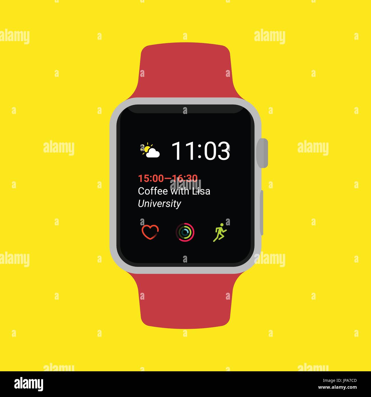 Flat smart watch isolated on yellow background. Modern vector illustration. Stock Vector