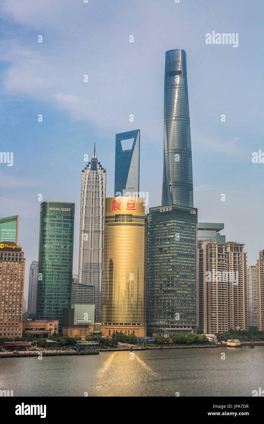China, Shanghai City, Pudong District skyline, Jinmao, World Financial Center and Shanghai Tower Stock Photo