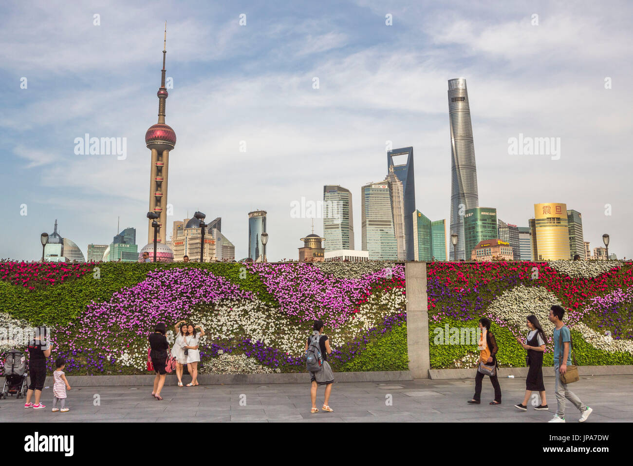China, Shanghai City, Pudong District skyline, Jinmao, World Financial Center and Shanghai Tower Stock Photo