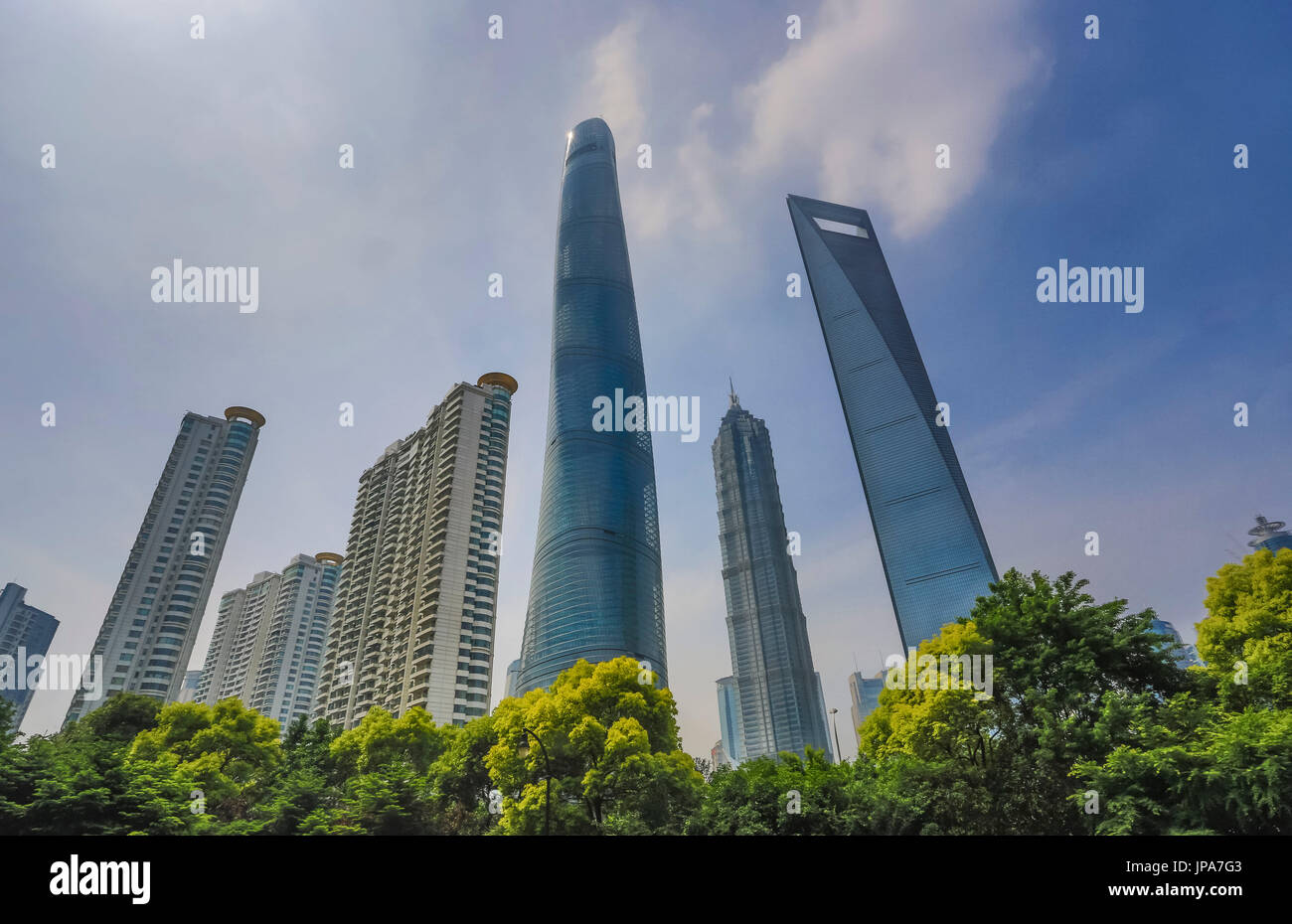 China, Shanghai City, Pudong District, Lujiazui, World Financial Center, Jinmao Building and Shanghai Tower Stock Photo