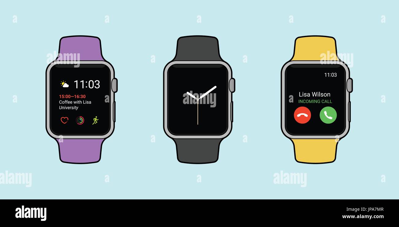 Smartwatches displaying various information in three different color whit outline. Modern flat vector illustration. Stock Vector