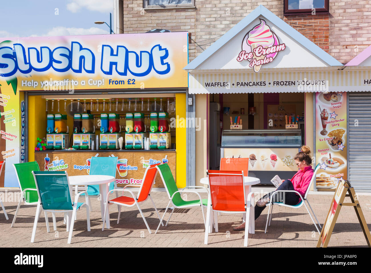 England, Norfolk, Great Yarmouth, Great Yarmouth Pier, Colourful Beachside Stalls Stock Photo