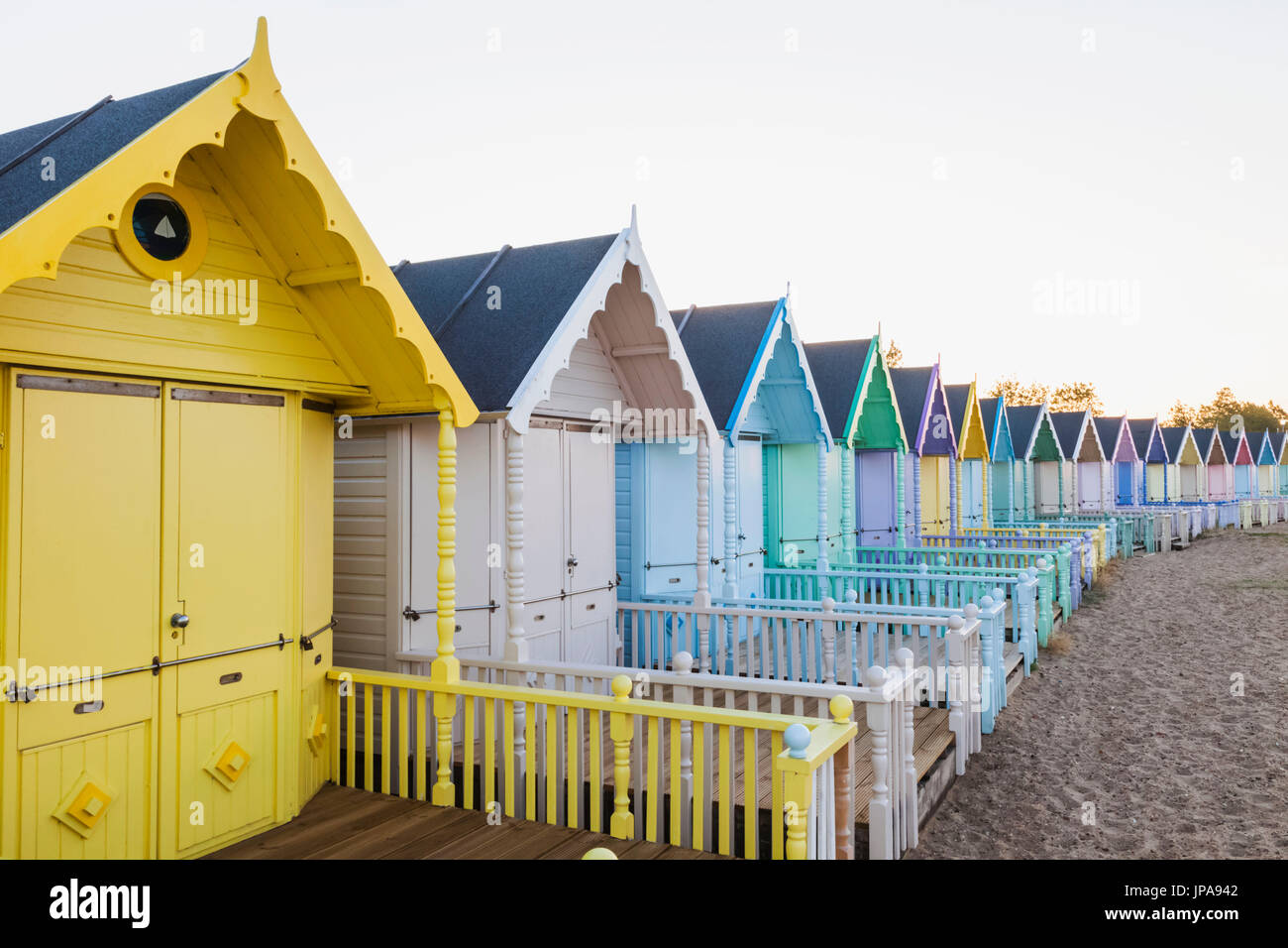 England, Essex, Mersea Island, Beach Huts Stock Photo