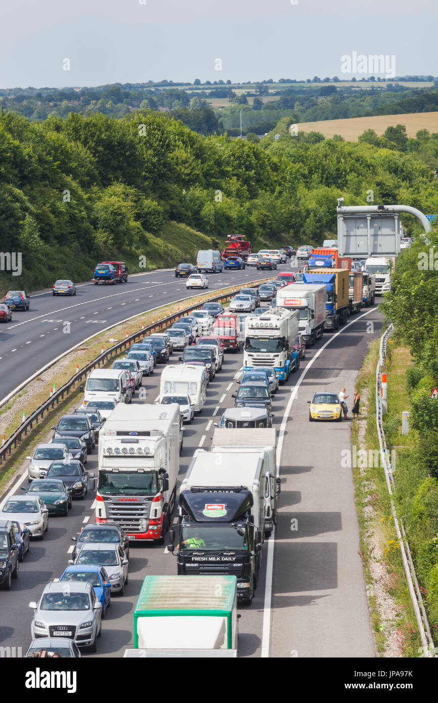 England, Hampshire, Motorway Traffic Jam Stock Photo