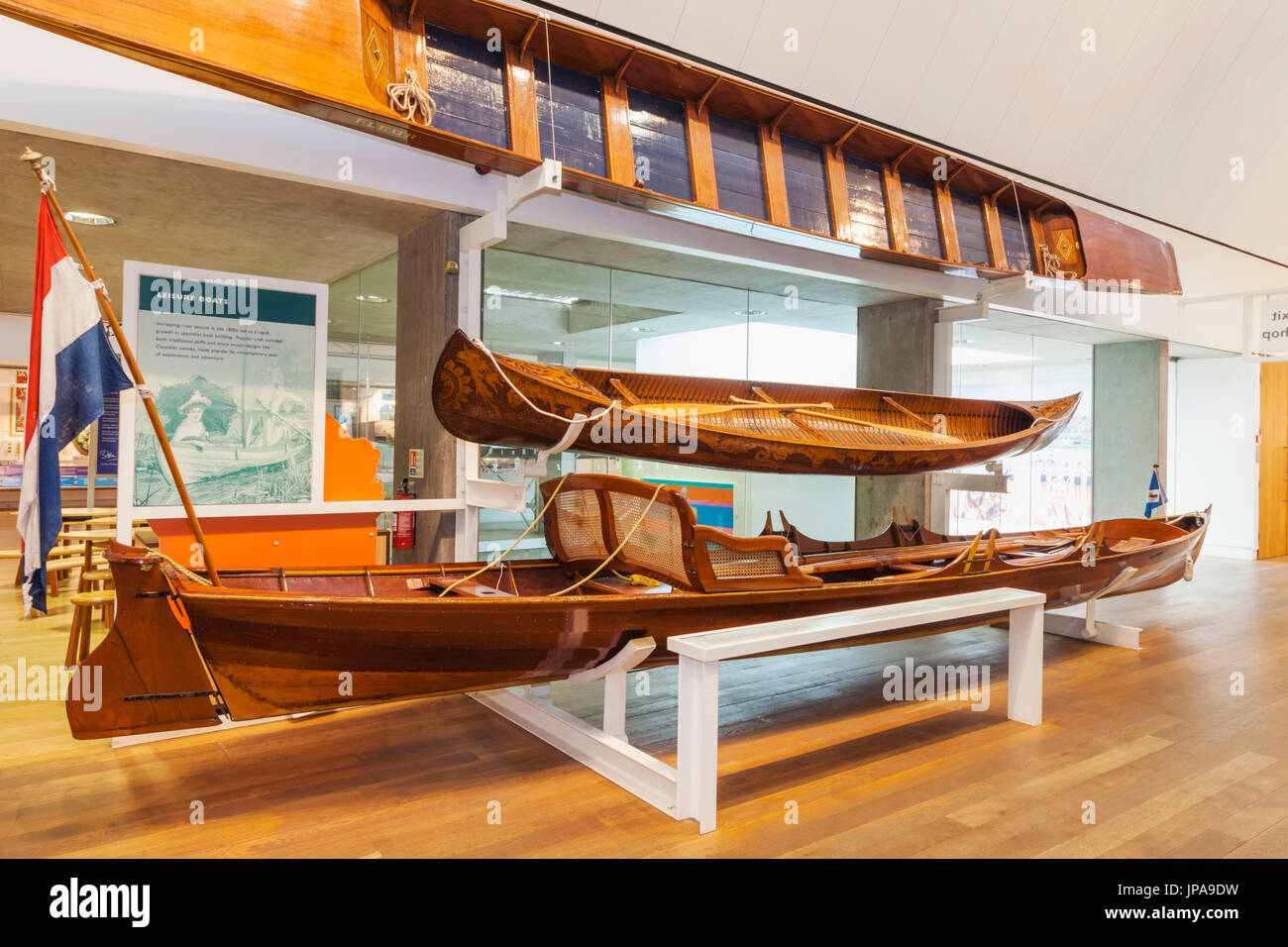 England, Oxfordshire, Henley-on-Thames, River and Rowing Museum, Display of Historical Leisure Boats Stock Photo