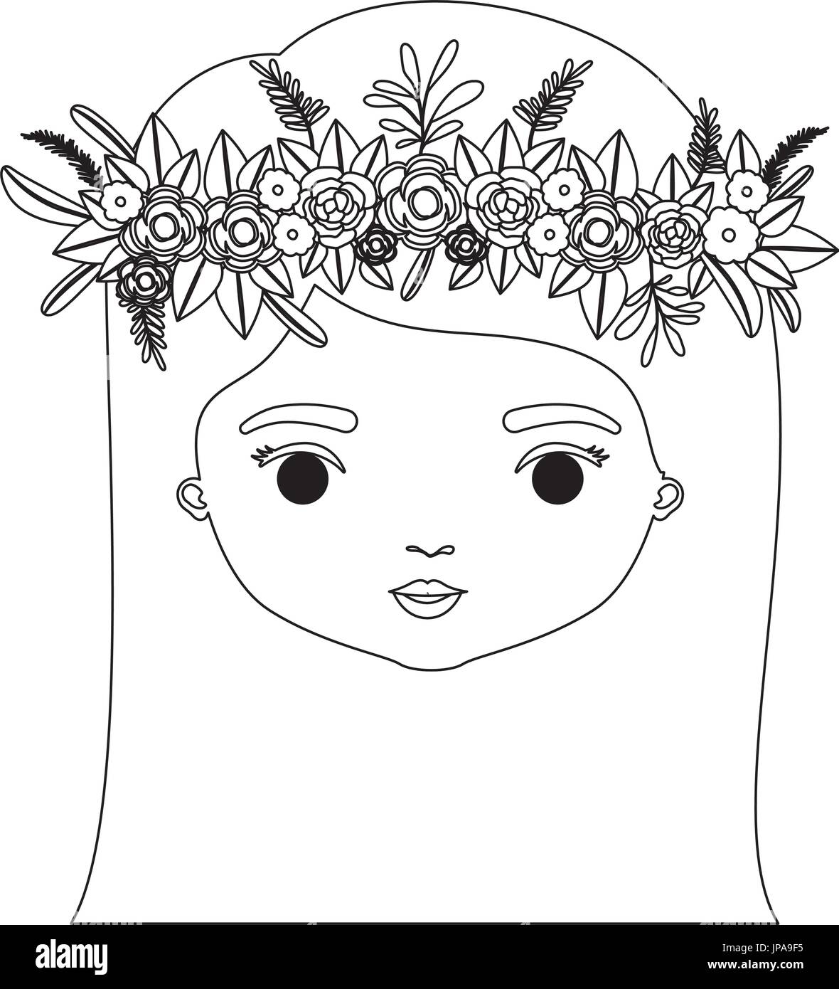 monochrome silhouette of caricature closeup front view face woman with straigh medium hairstyle and crown decorate with flowers Stock Vector