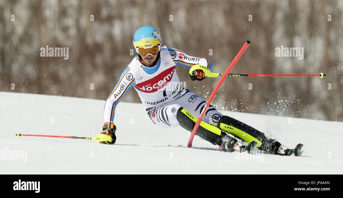 Felix Neureuther of Germany rounds a gate on his first run of the men's slalom competition at a World Cup alpine ski event in Naeba, central Japan, on Feb. 14, 2016. Neureuther went on to win the event. (Kyodo) ==Kyodo Stock Photo
