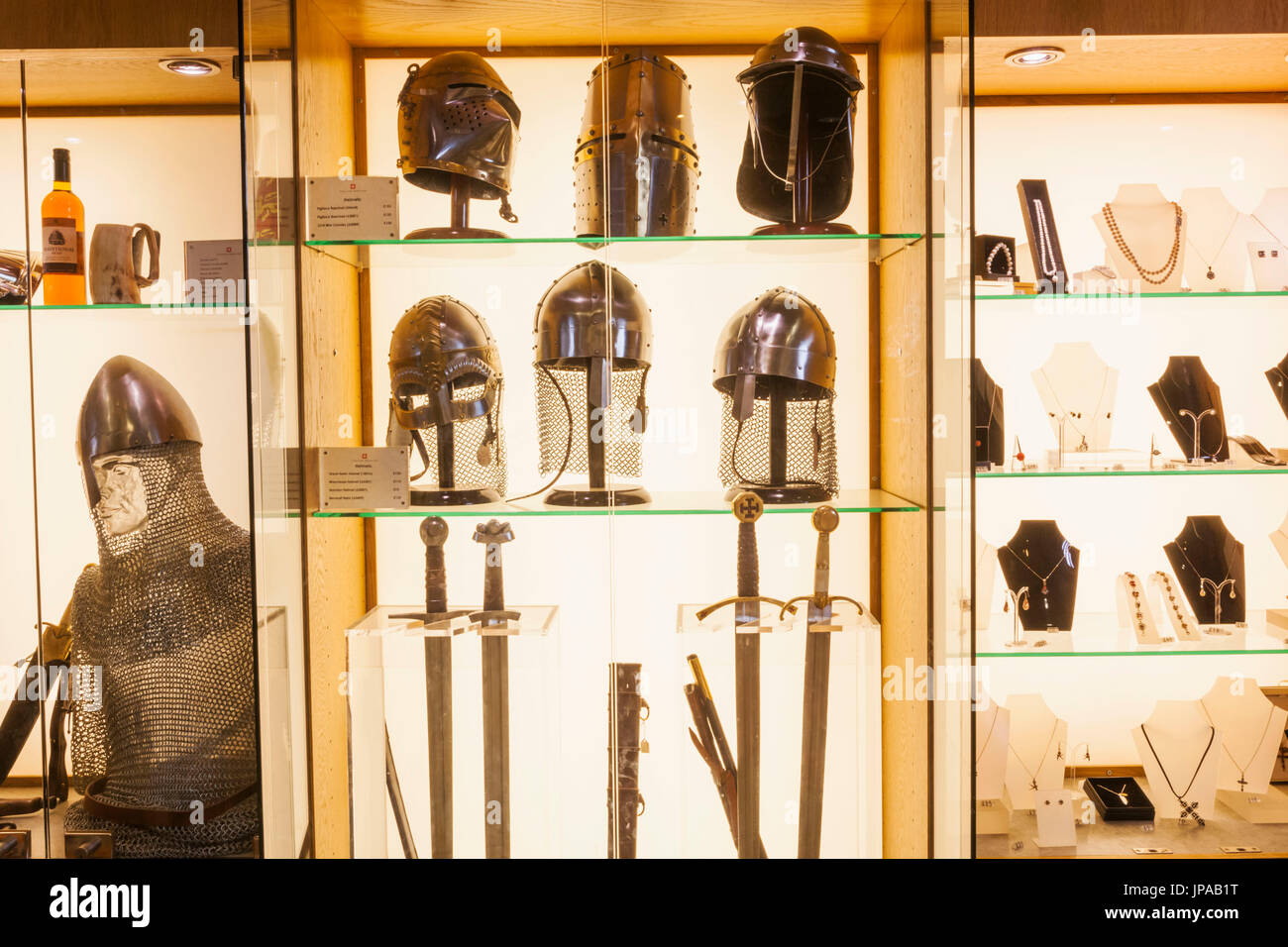 England, East Sussex, Battle, Battle Abbey, Souvenir Shop Display of Souvenir Replica Medival Weapons Stock Photo