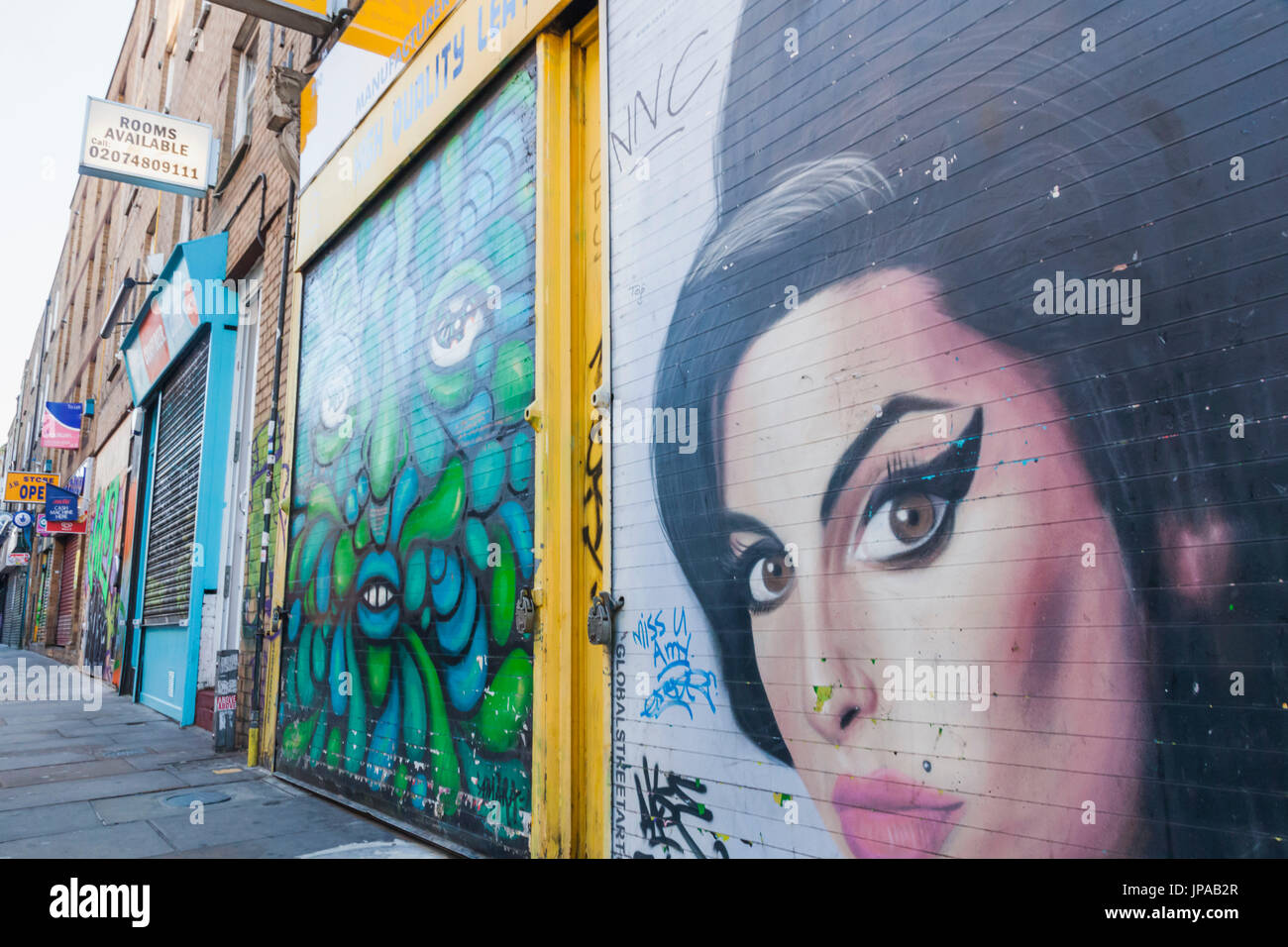 England, London, Shoreditch, Brick Lane, Street Art Portrait of Amy Whinehouse Stock Photo