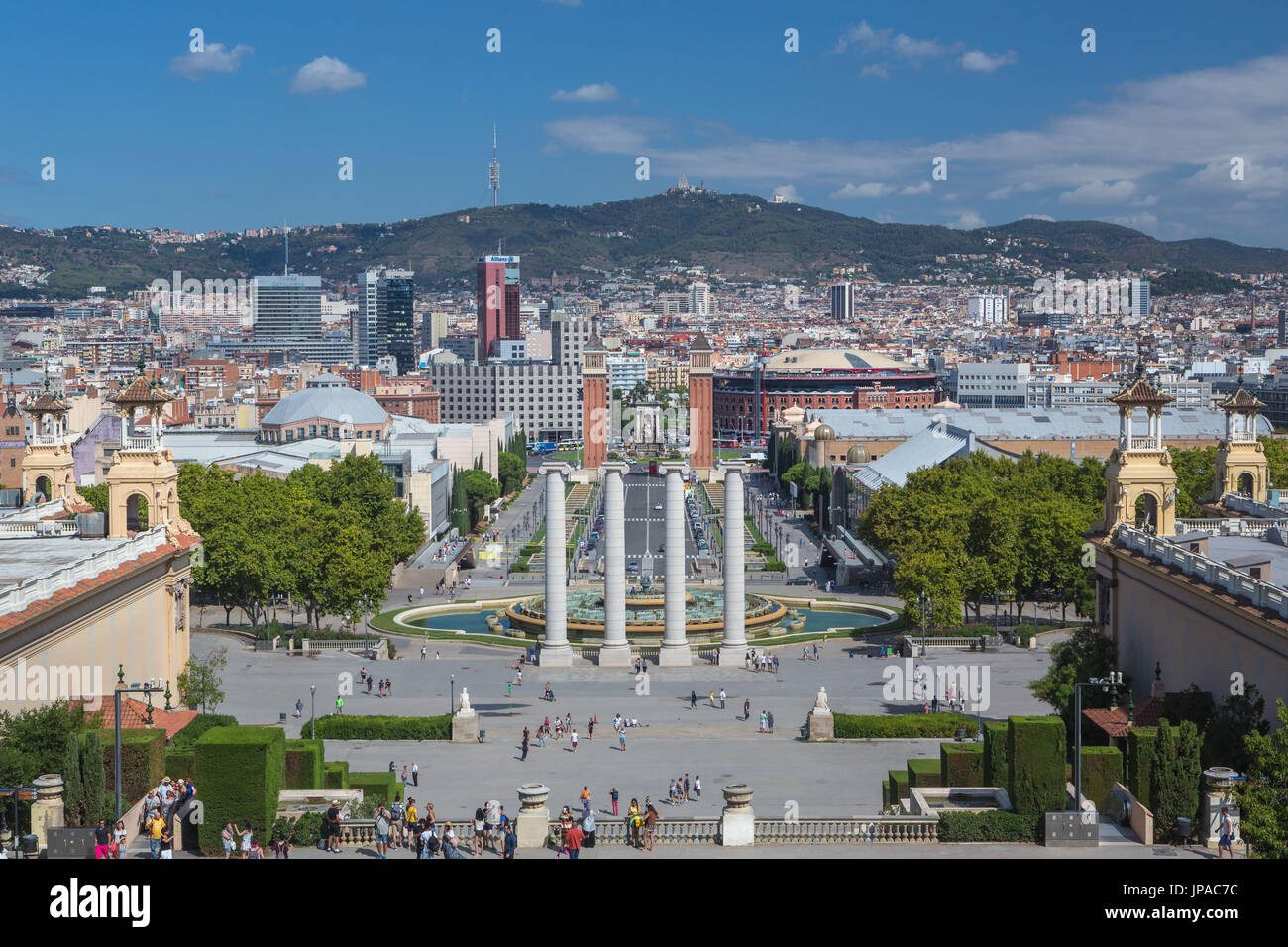 Spain, Catalonia, Barcelona City, Montjuich Hill, Venetian towers, España square Stock Photo