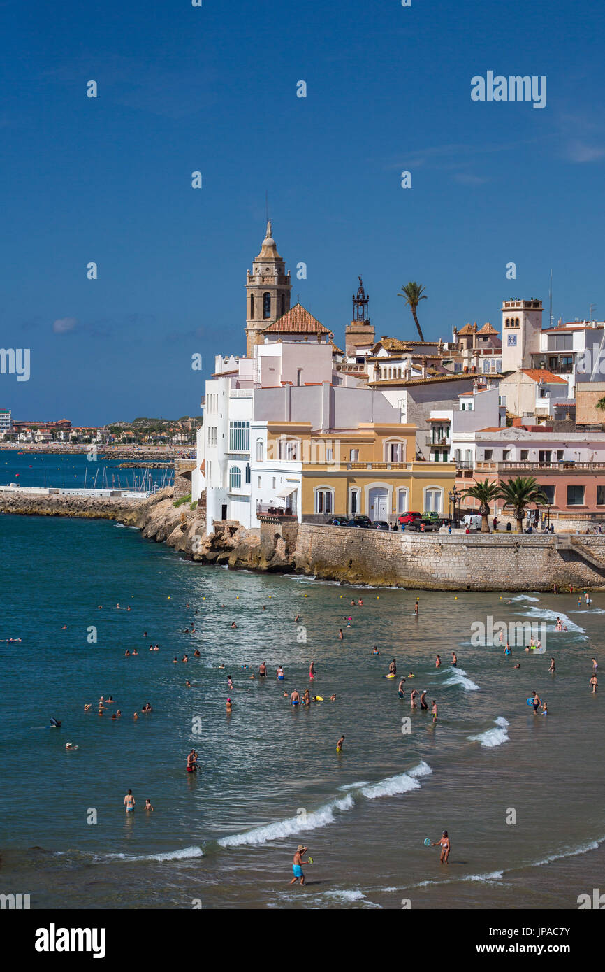 Spain, Catalonia, Sitges City, Beach, old town, Stock Photo