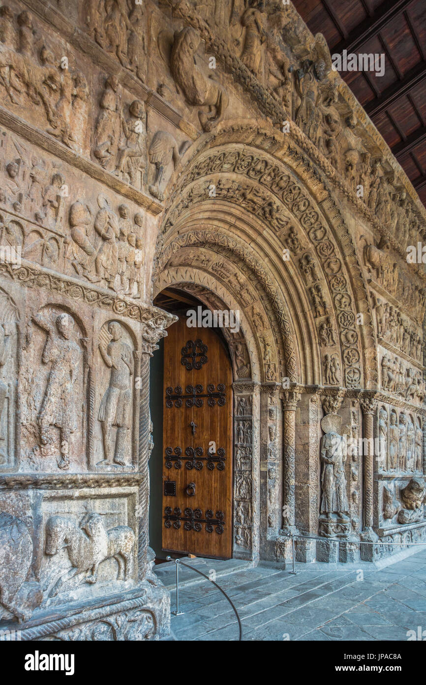 Spain, Catalonia, Girona Province, Ripoll City, Santa Maria de Ripoll Monastery XII Century, Catalan Romanic Portico Stock Photo