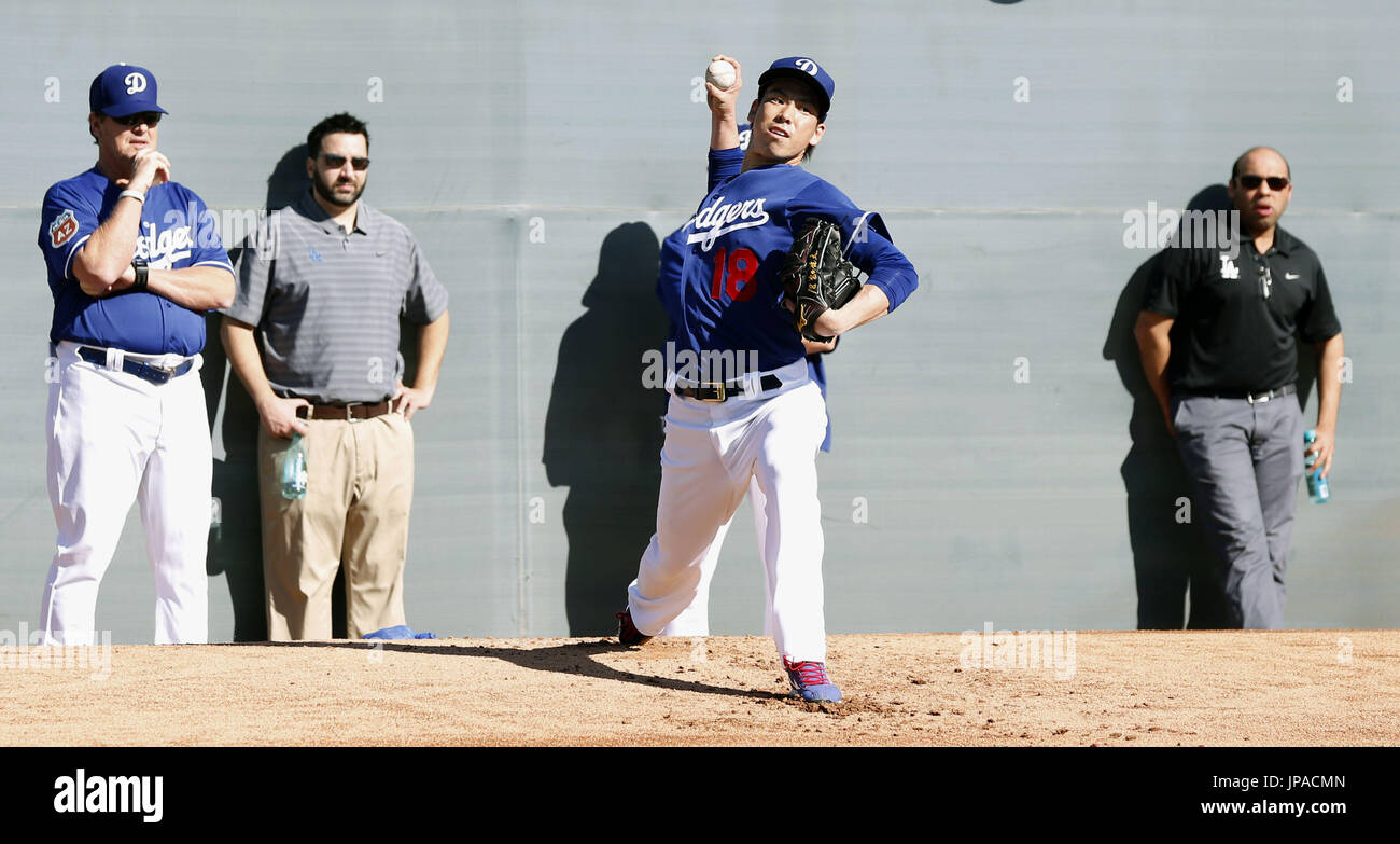 Newly acquired Los Angeles Dodgers pitcher Kenta Maeda throws in the ...