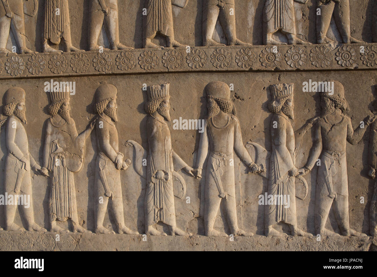 Iran, Persepolis City, Ruins of Persepolis, Relief at Apadana Palace Stock Photo