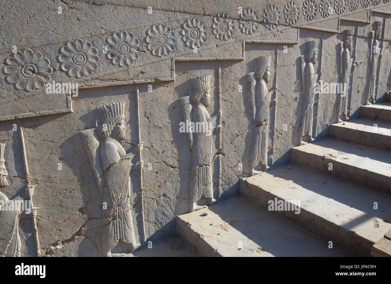 Iran, Persepolis City, Ruins of Persepolis, Relief at the Apadana Staircase, Apadana Palace Stock Photo