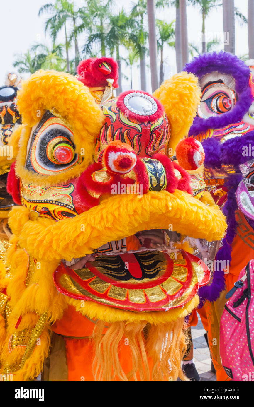 China, Hong Kong, Annual New Years Day Festival Parade, Chinese Lion Dancers Stock Photo