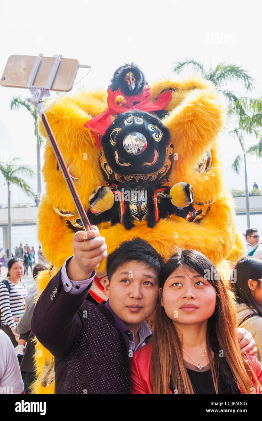 China, Hong Kong, Annual New Years Day Festival Parade, Chinese Lion Dancers Stock Photo