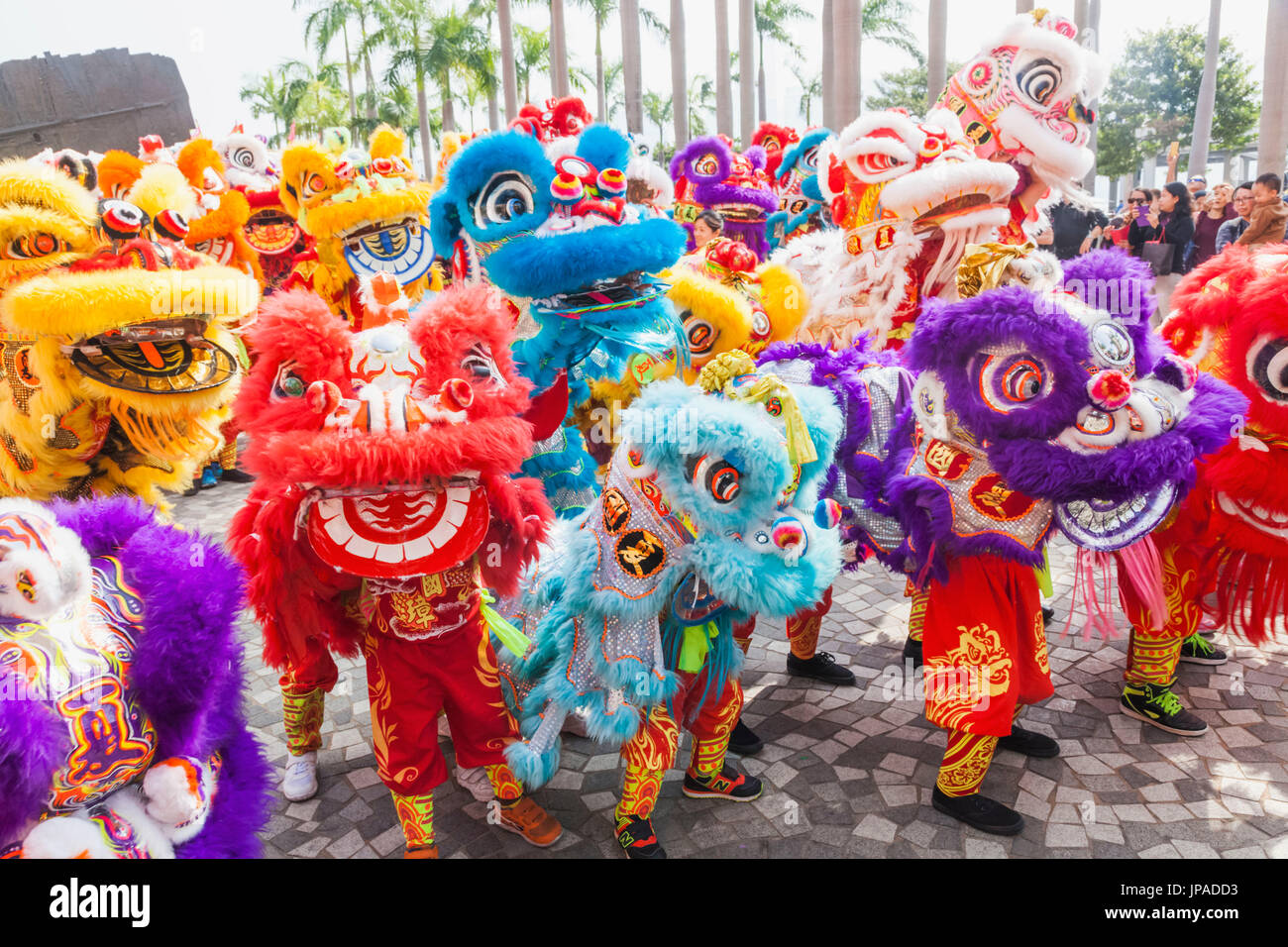 China, Hong Kong, Annual New Years Day Festival Parade, Chinese Lion Dancers Stock Photo