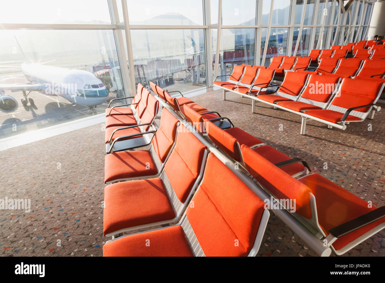 China, Hong Kong, Hong Kong International Airport, Departure Lounge Seats Stock Photo