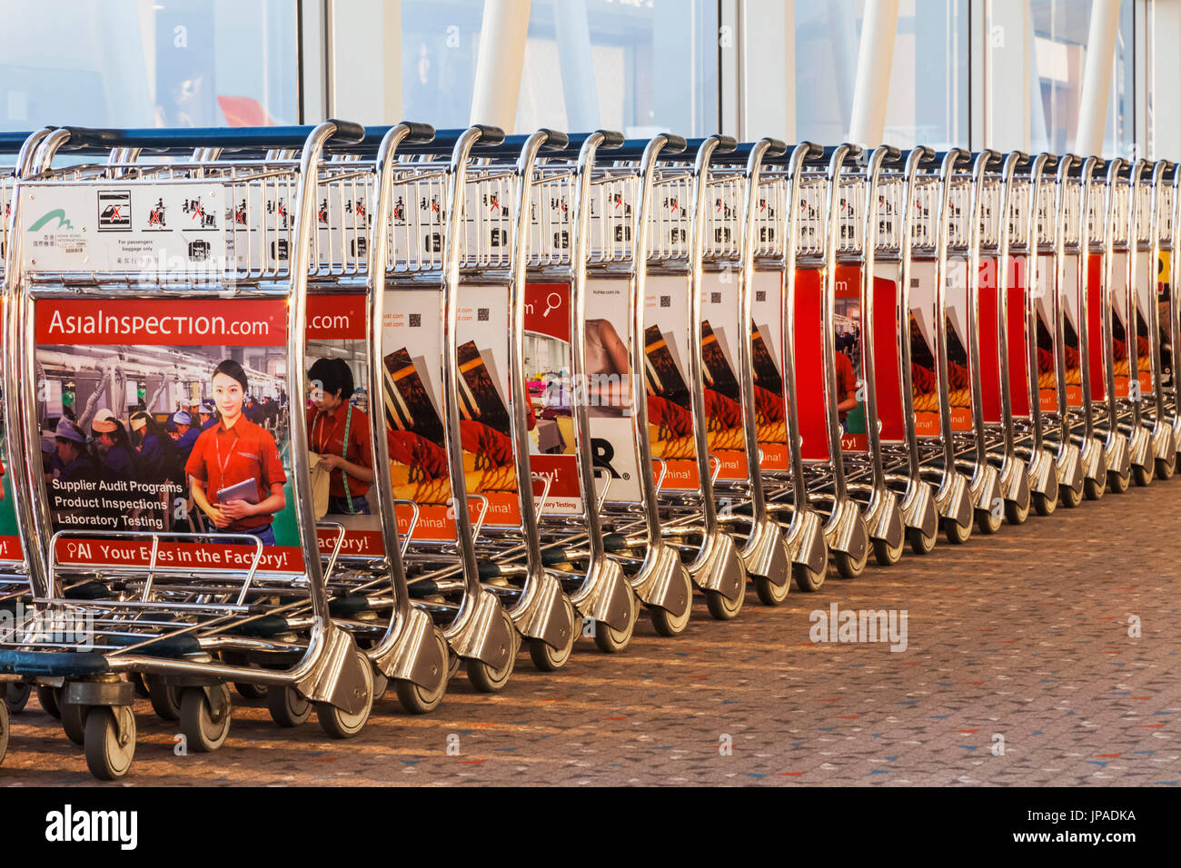 China, Hong Kong, Hong Kong International Airport, Baggage Trolleys Stock Photo