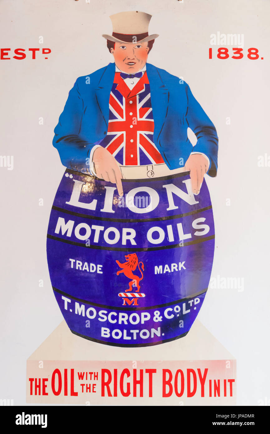 England, County Durham, Beamish Open Air Museum, Vintage Sign Advertising Lion Motor Oils Stock Photo