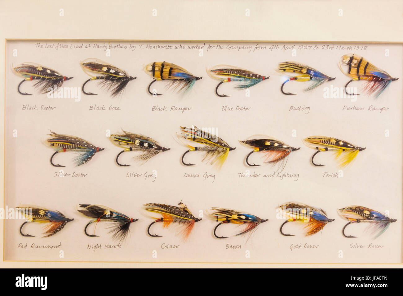 Display of historical fly fishing hooks hi-res stock photography