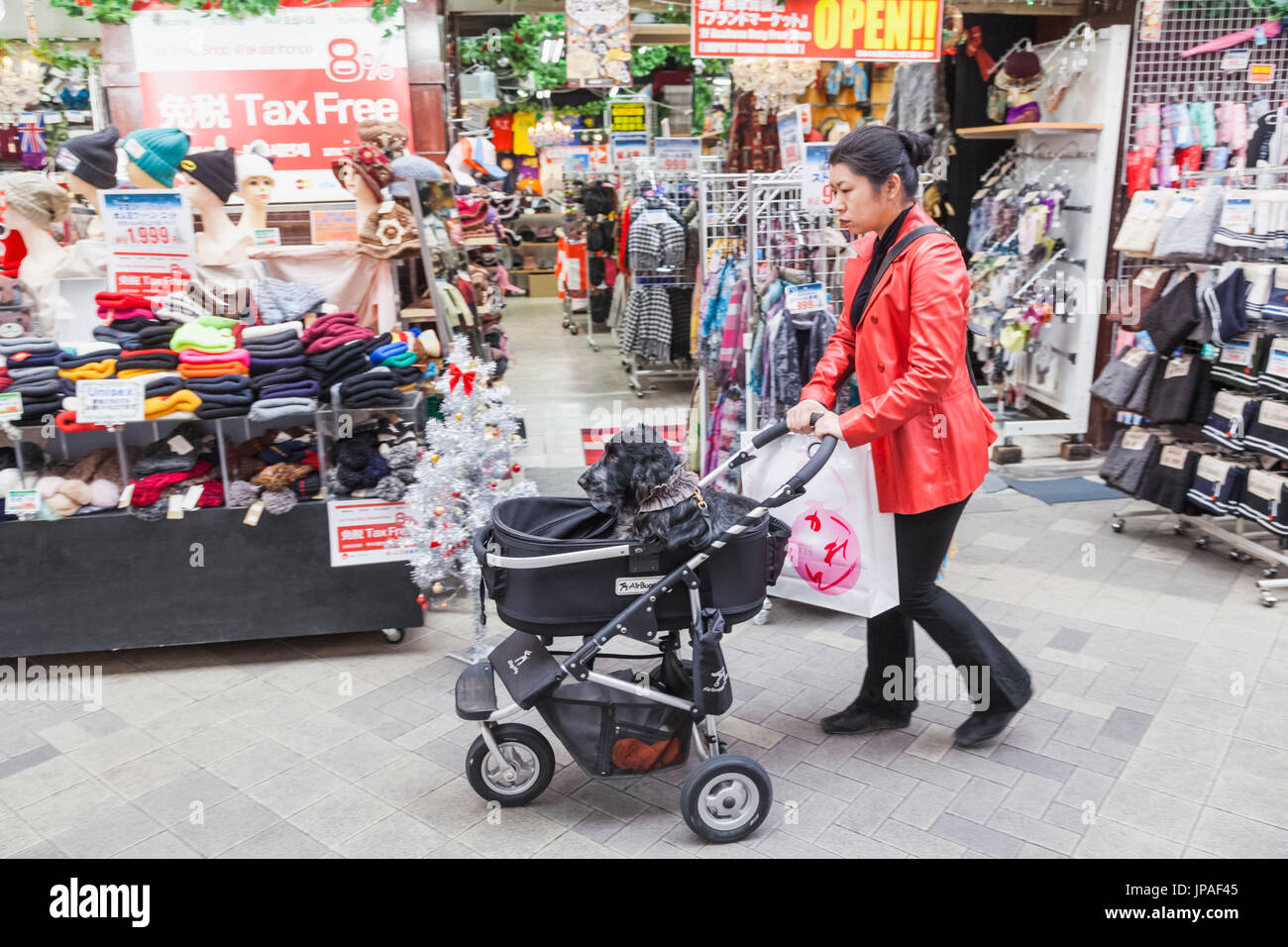 Japan, Honshu, Tokyo, Asakusa, Lady Pushing Dog Pram Stock Photo