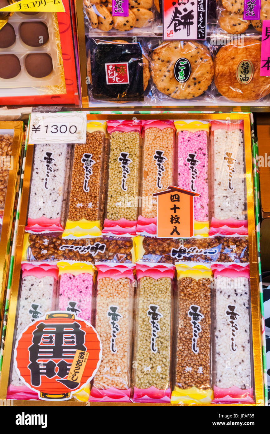 Japan, Honshu, Tokyo, Asakusa, Sensoji Temple aka Asakusa Kannon Temple, Nakamise Shopping Street, Shop Display of Traditional Sweets Stock Photo