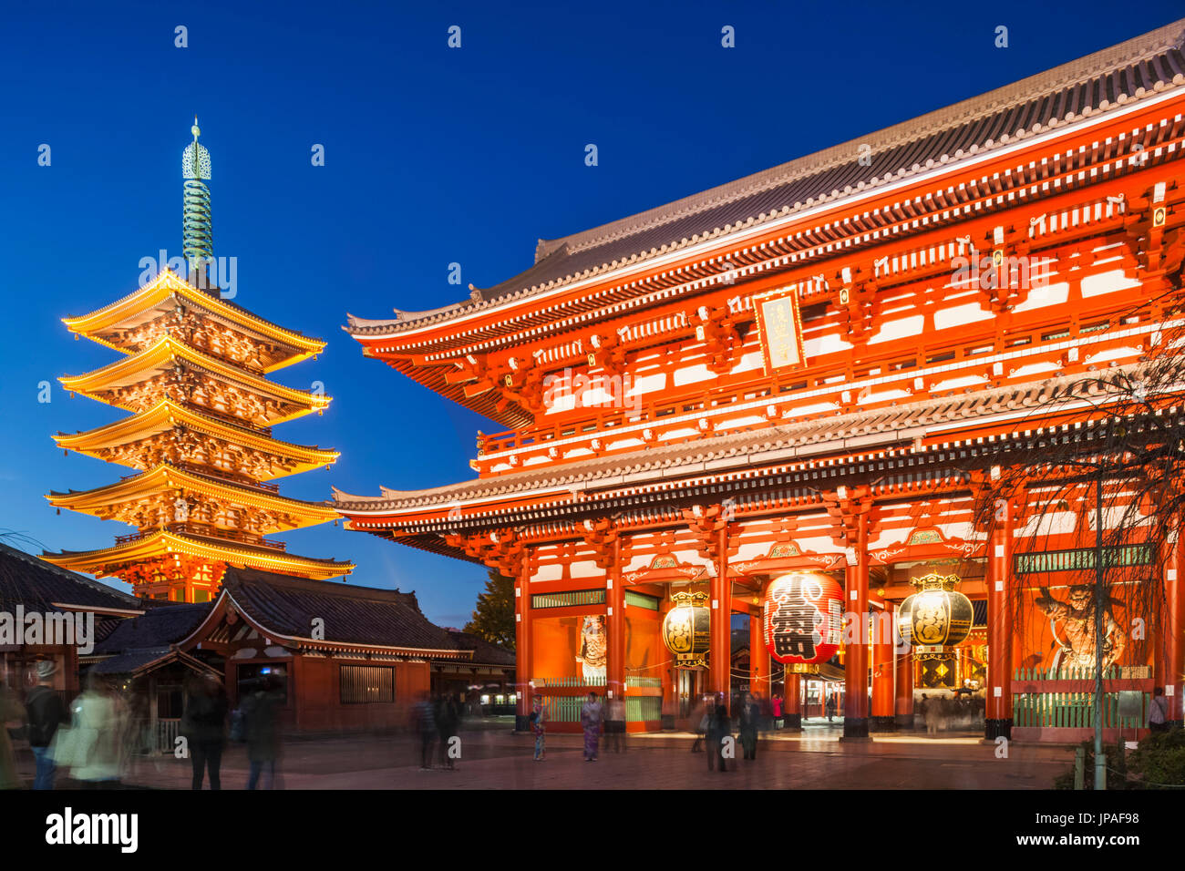 Japan, Honshu, Tokyo, Asakusa, Sensoji Temple aka Asakusa Kannon Temple, Pagoda and Temple Gate Stock Photo