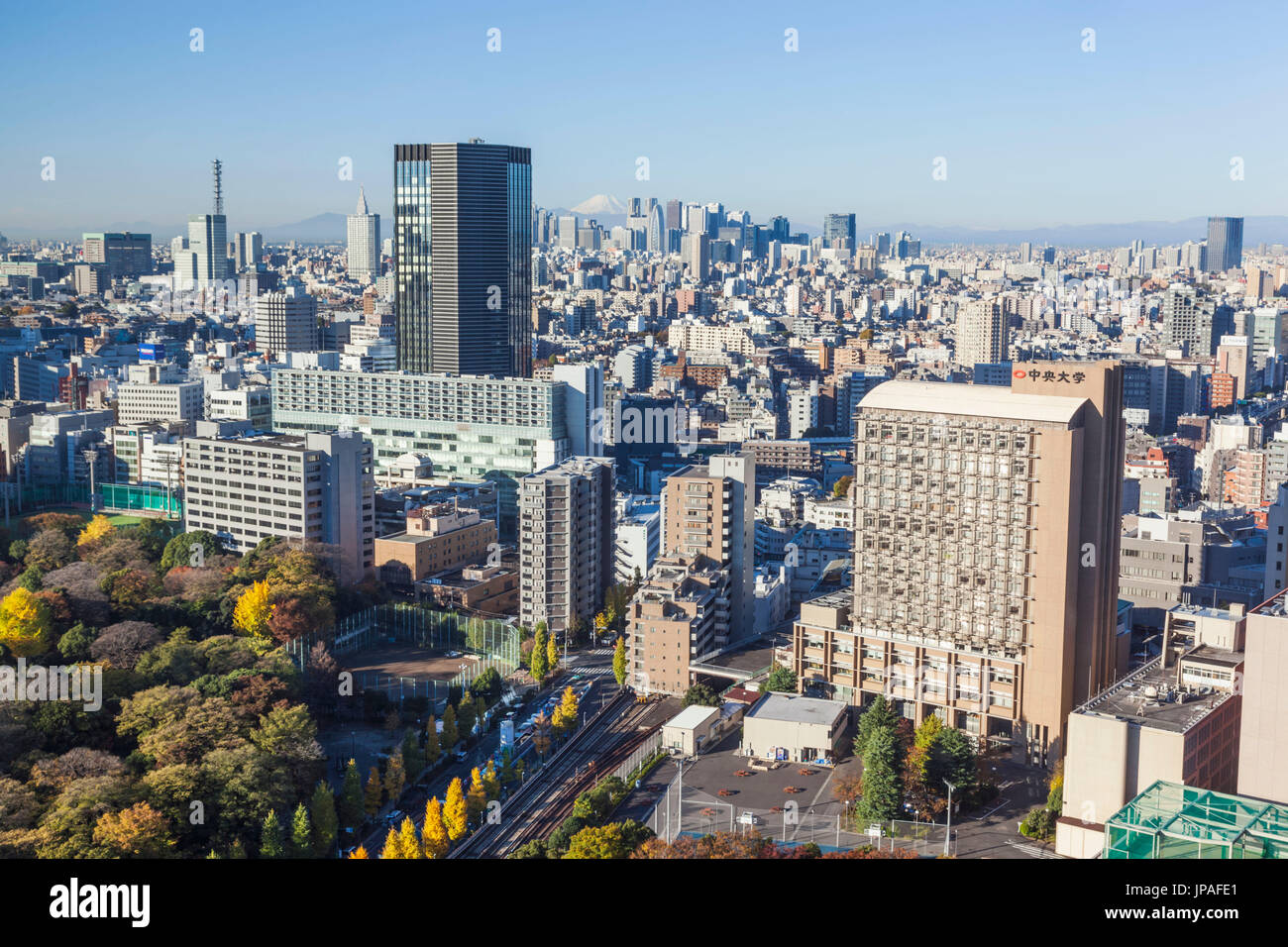 Japan, Honshu, Tokyo, City Skyline and Mt.Fuji in distance Stock Photo