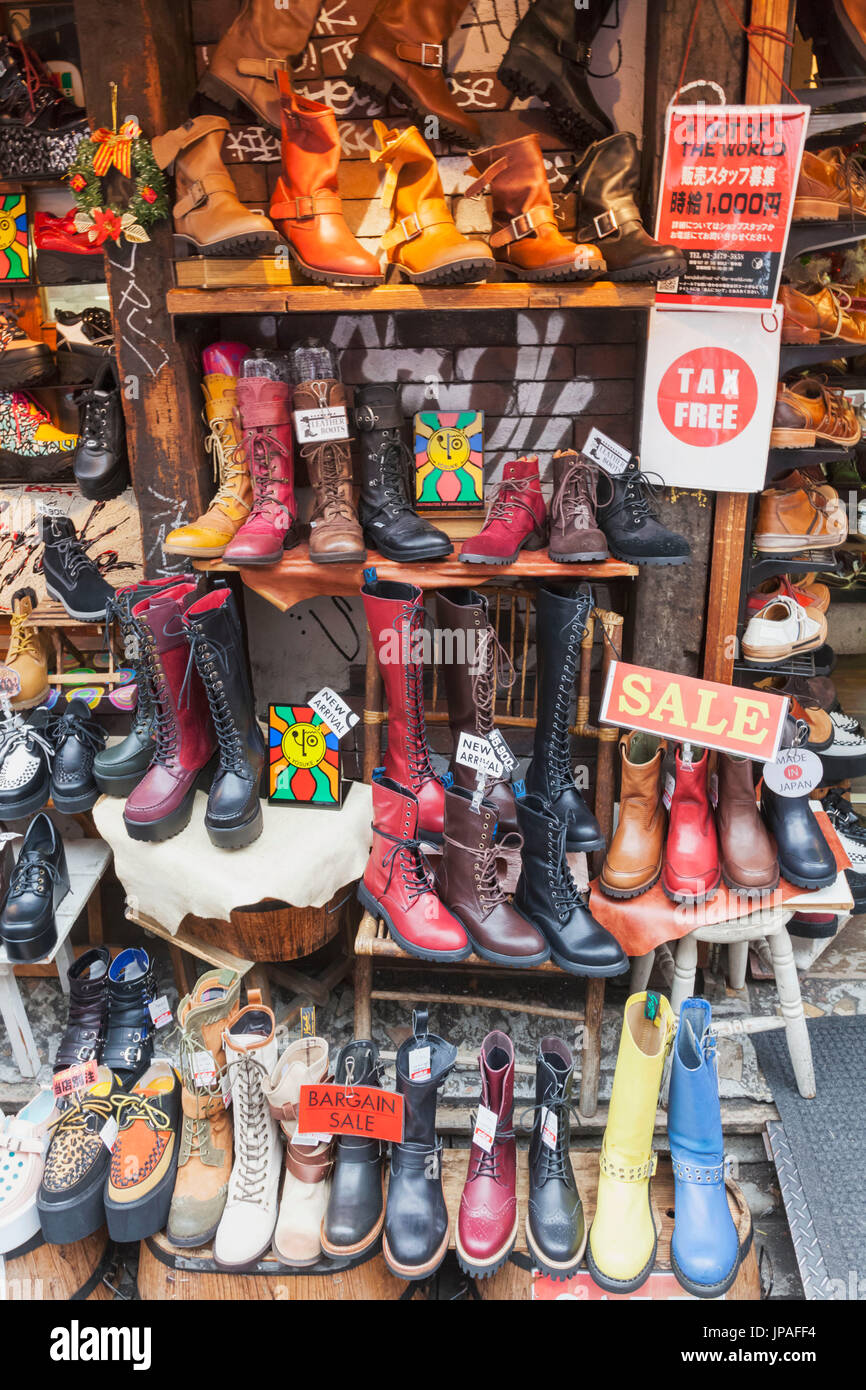 Japan, Honshu, Tokyo, Harajuku, Takeshita-dori Shopping Street, Shoe Shop Display Stock Photo