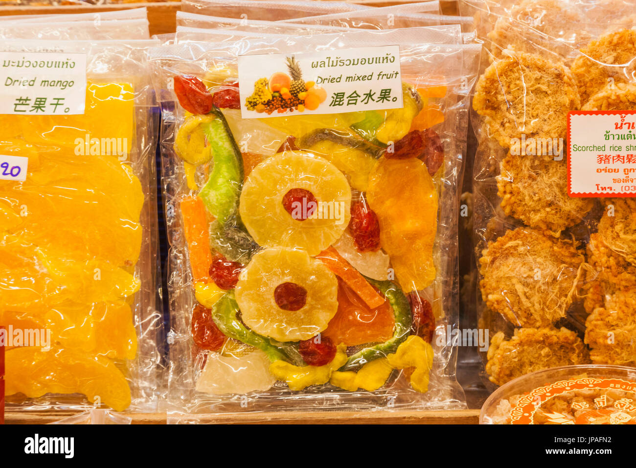 Thailand, Bangkok, Chatuchak Market, Shop Display of Dried Fruits Stock