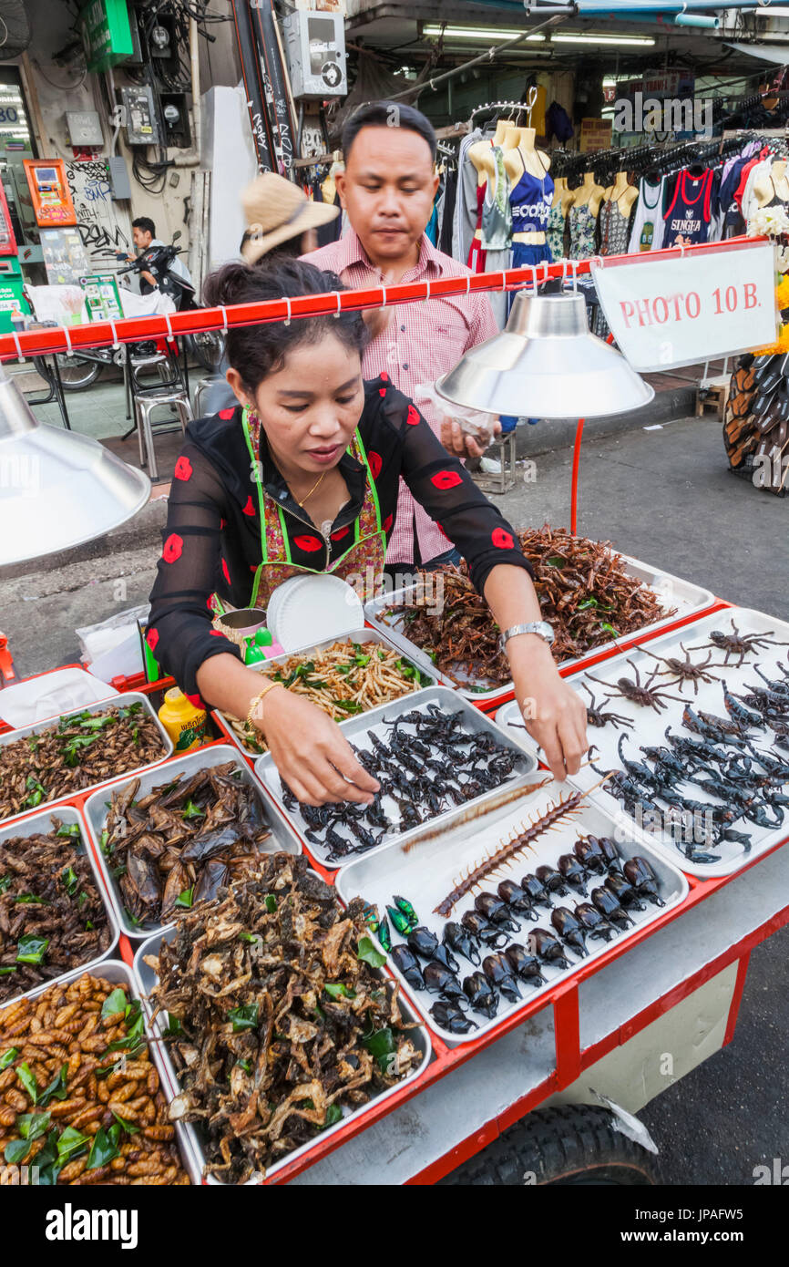 Thailand, Bangkok, Khaosan Road, Street Vendors Display of Fried Insects Stock Photo