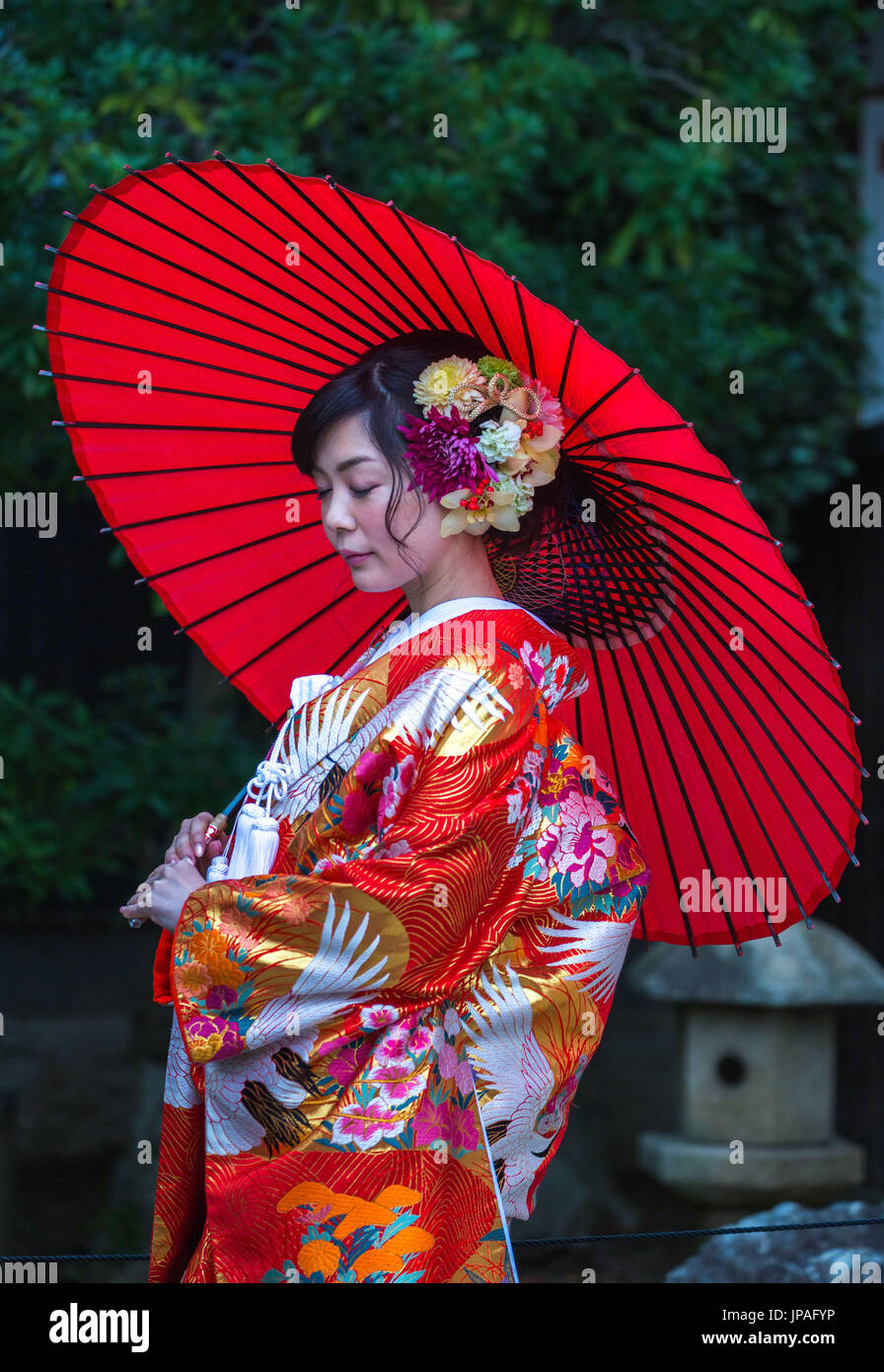 Japan, Okayama, Kurashiki City, Japanese girl in traditional costume Stock Photo
