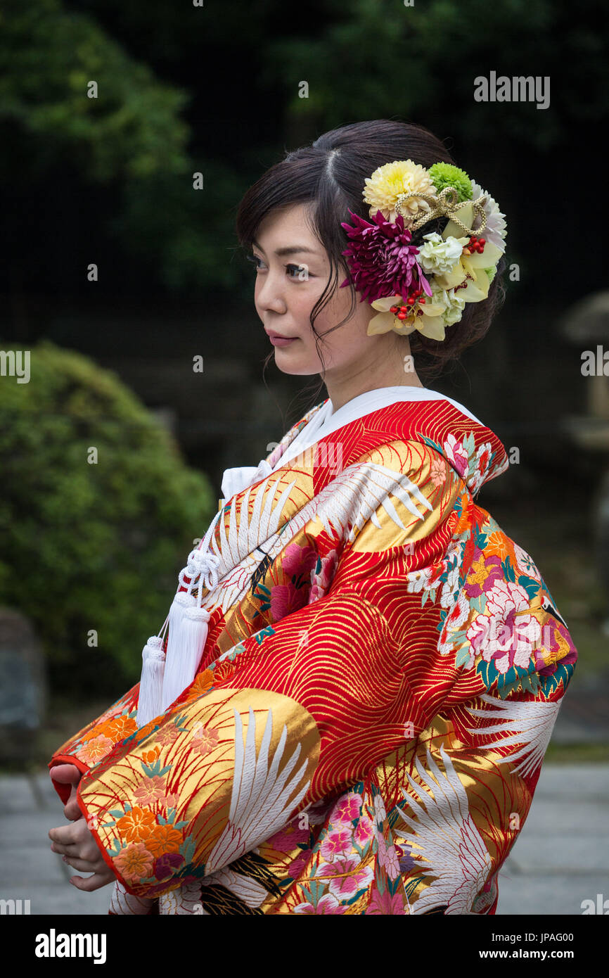 Japan, Okayama, Kurashiki City, Japanese girl in traditional costume Stock Photo