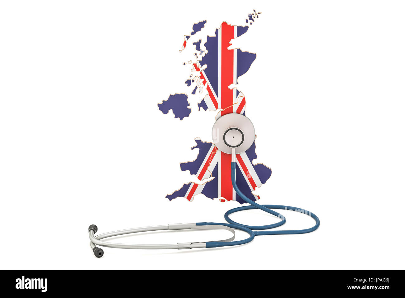 United Kingdom map with stethoscope, national health care concept, 3D rendering Stock Photo