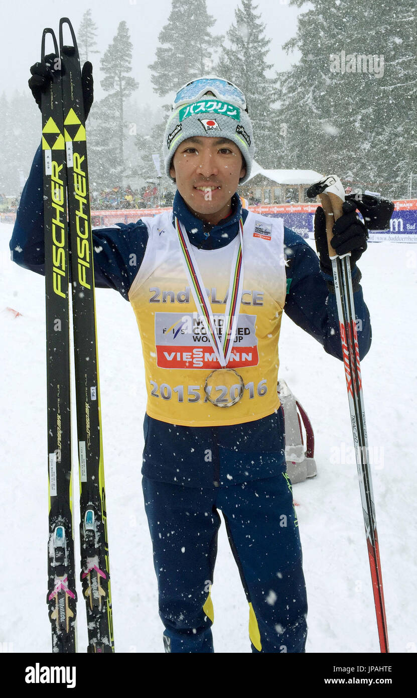 Japan's Akito Watabe poses after finishing second in the overall