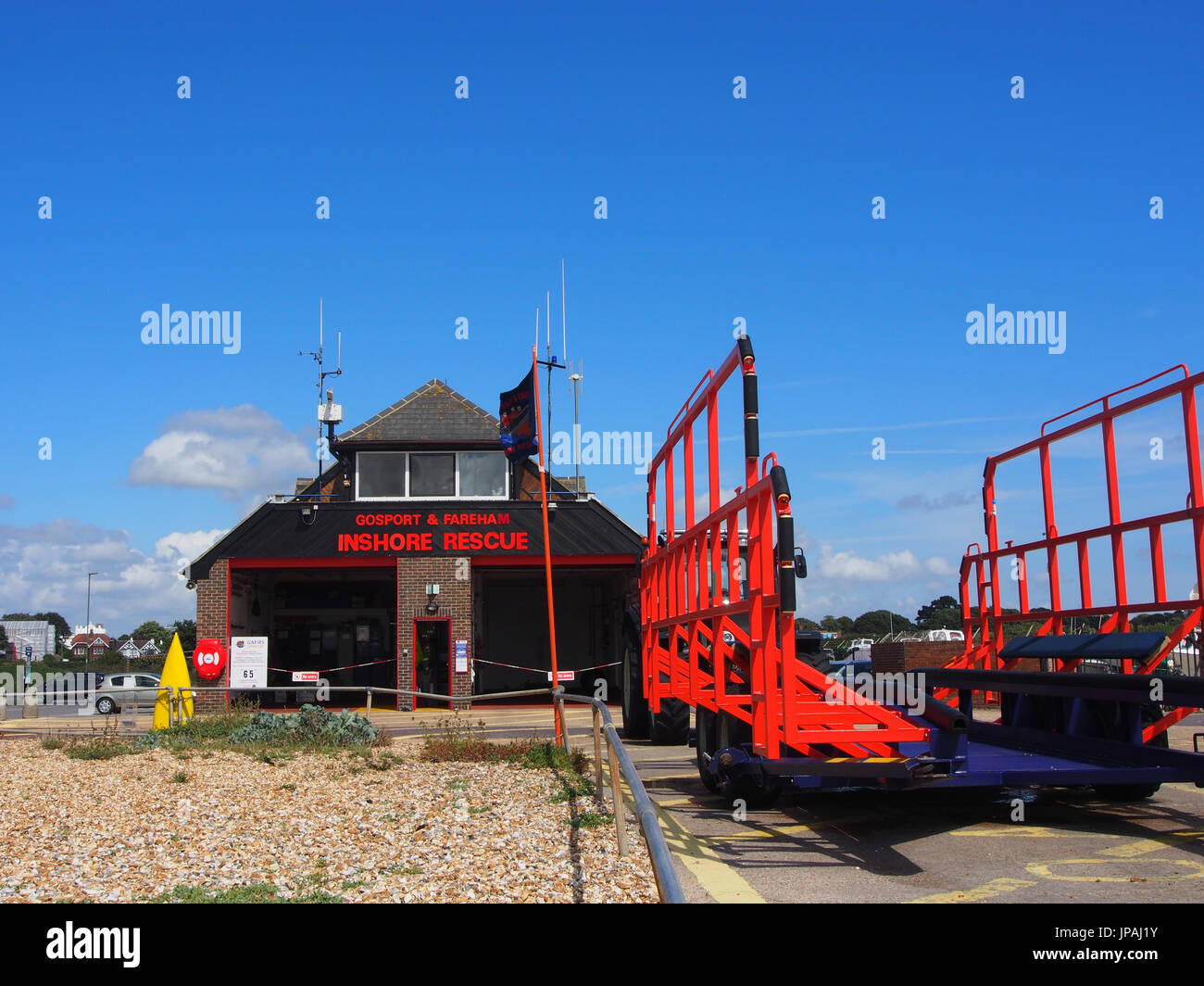 The Gosport and Fareham inshore rescue service lifeboat station in Stokes Bay, Gosport, England Stock Photo