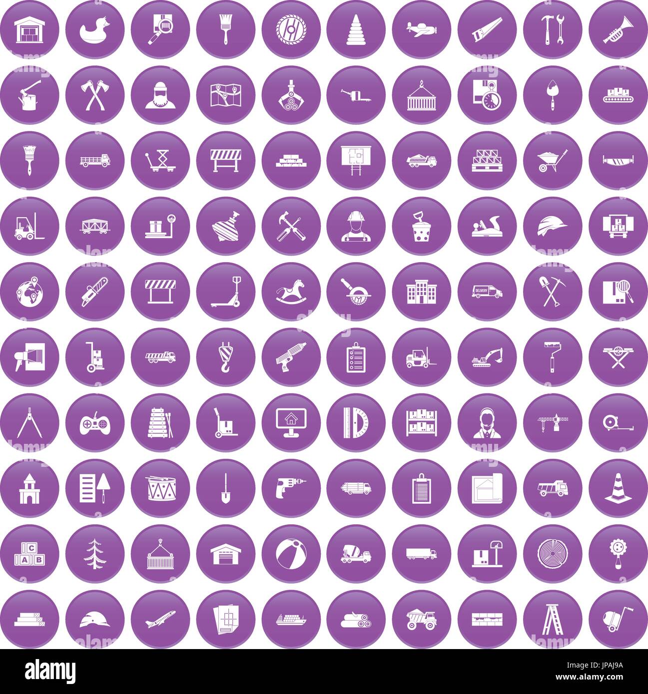 100 lorry icons set purple Stock Vector
