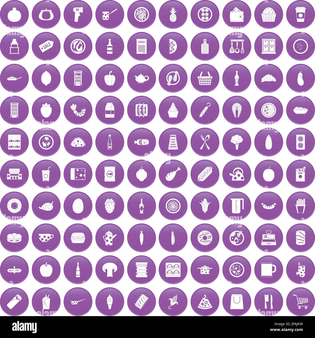 100 lunch icons set purple Stock Vector