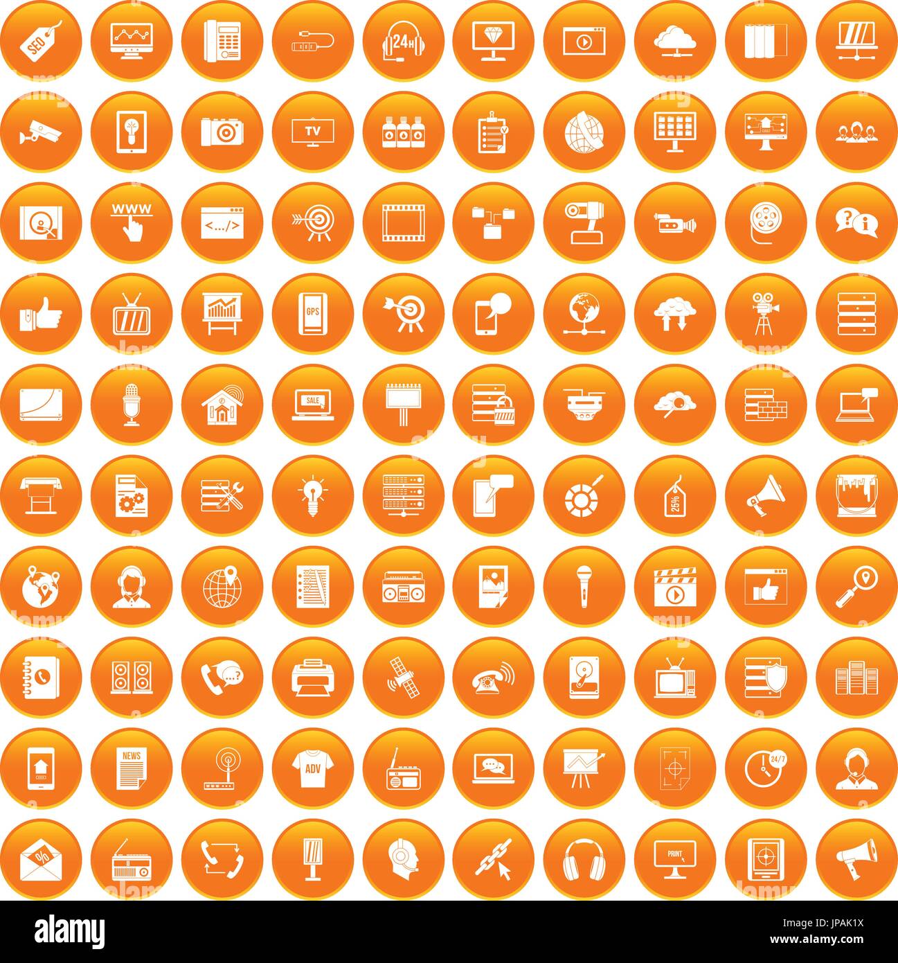 100 information technology icons set orange Stock Vector
