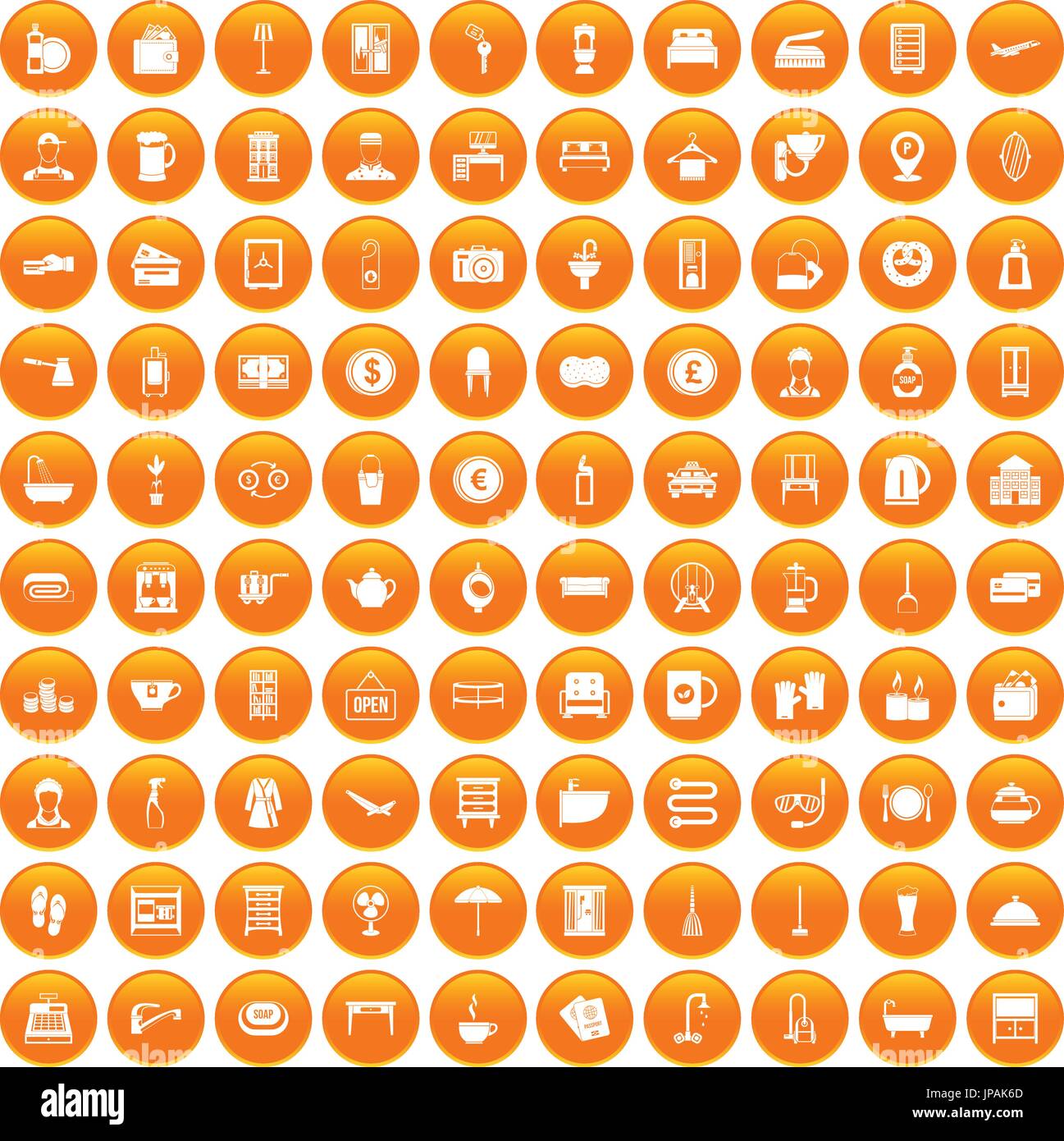 100 inn icons set orange Stock Vector