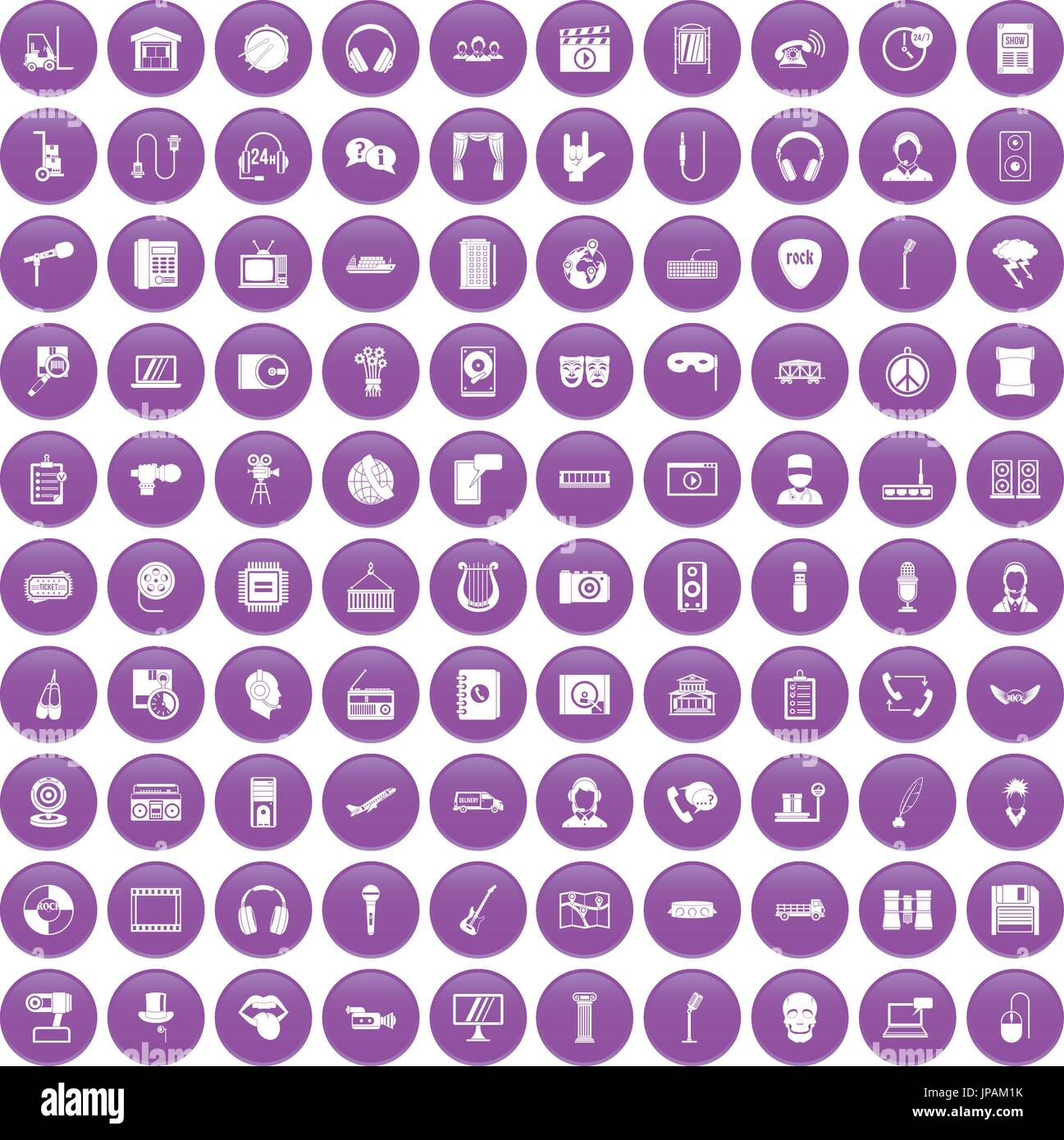 100 microphone icons set purple Stock Vector