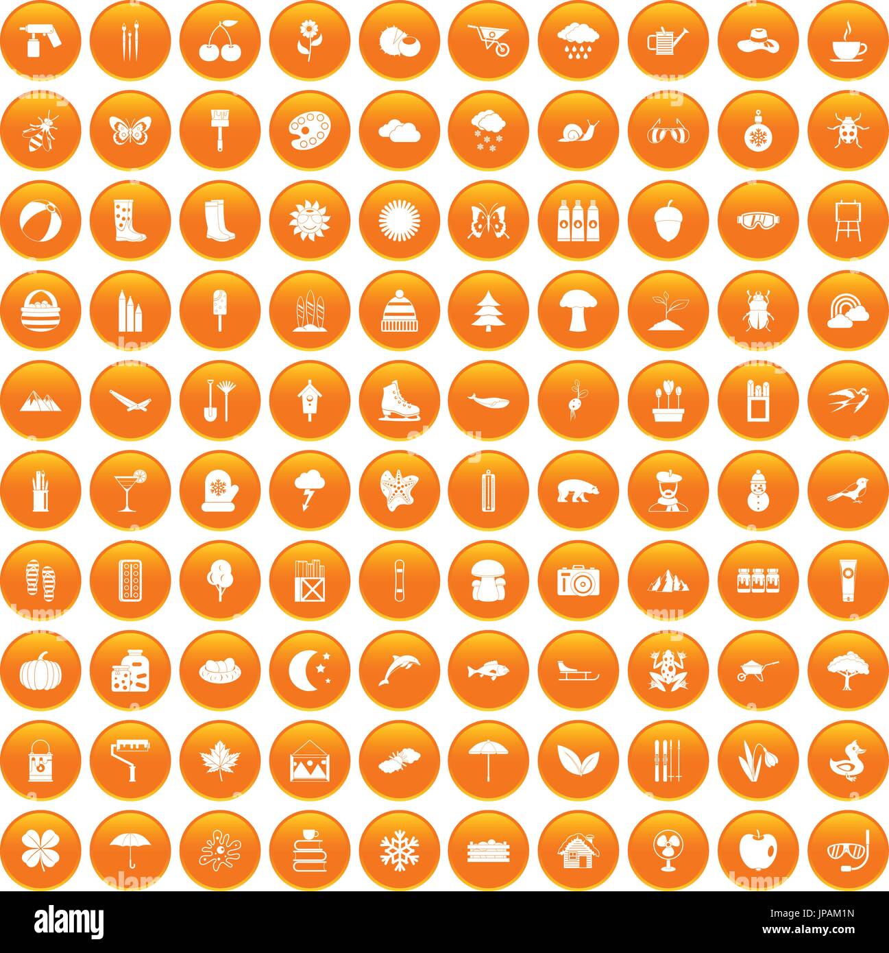 100 landscape icons set orange Stock Vector
