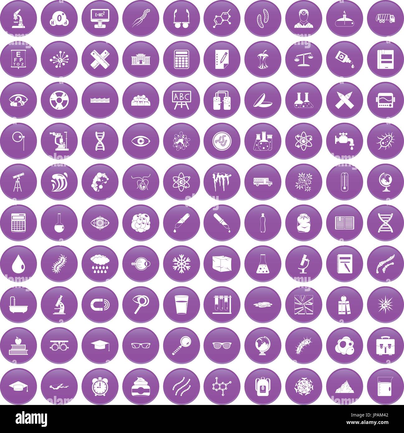 100 microscope icons set purple Stock Vector